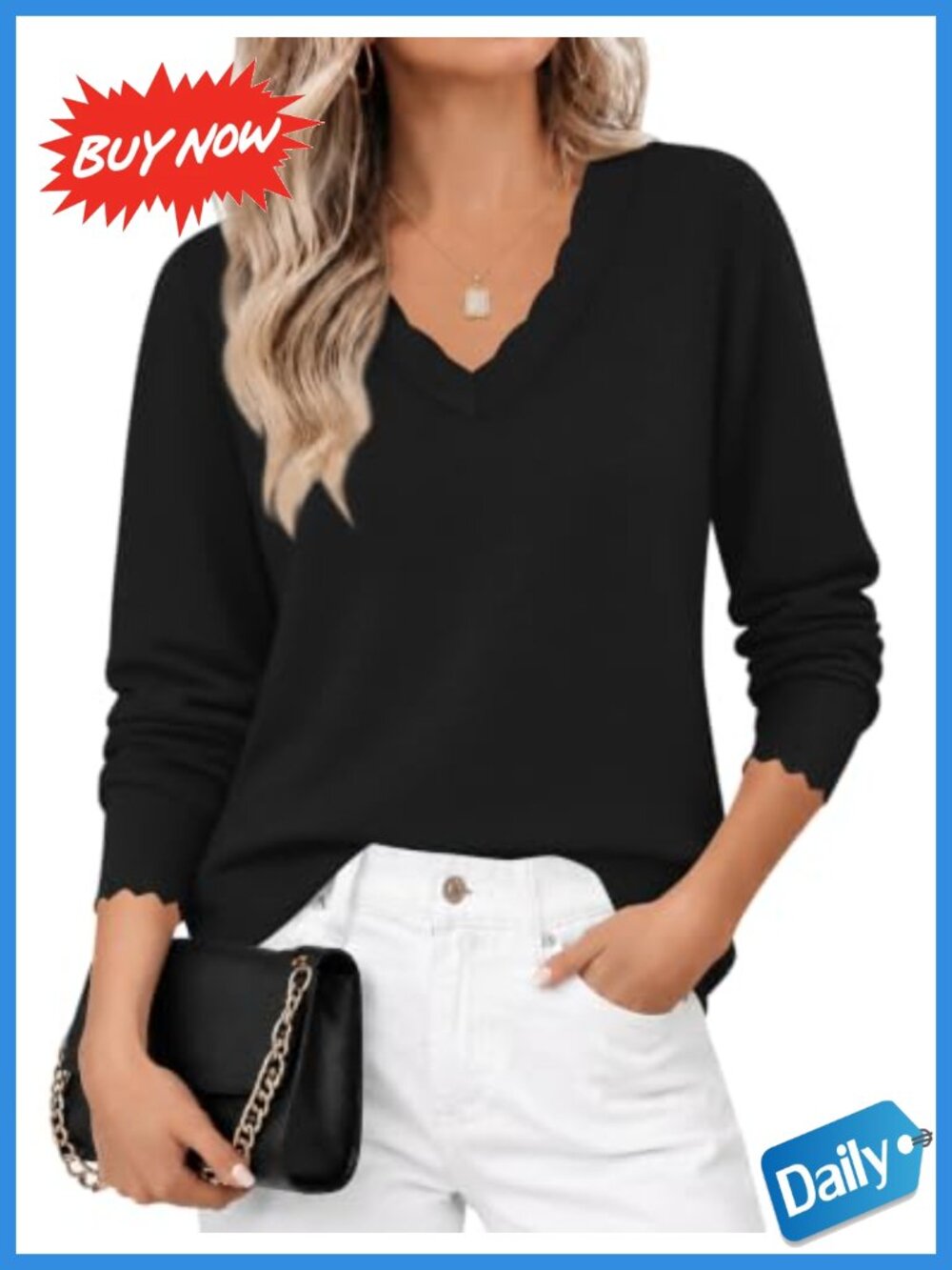 Women Scalloped V Neck Long Sleeve Knit Sweater Pullover